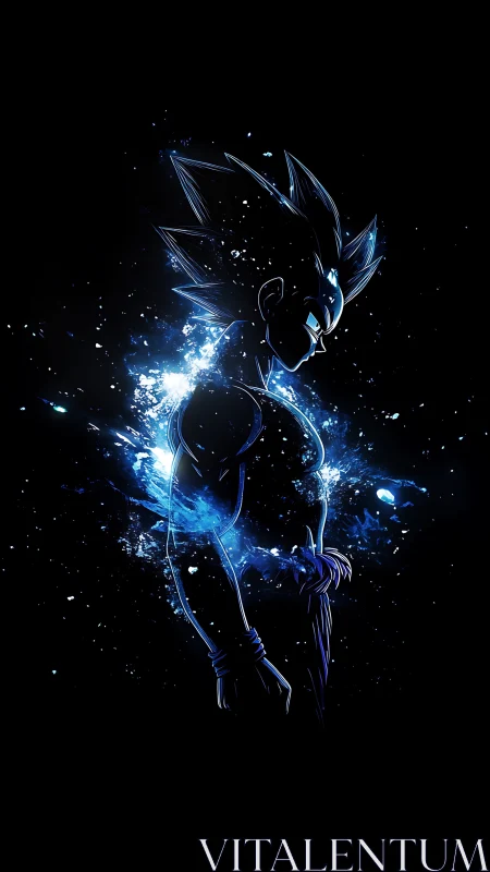 Electric blue anime warrior glowing in a cosmic night.