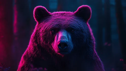 Bioluminescent magenta rim-lit bear portrait in neon forest