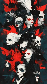 Surreal masked portraits in red, white, and black cascade.