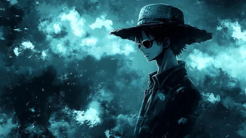 Solitary anime wanderer in teal stormlit clouds stands watch.