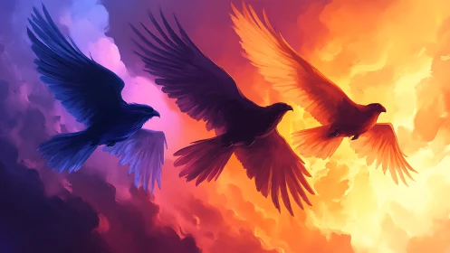 Three mystical birds soaring in vibrant sunset clouds, digital art.