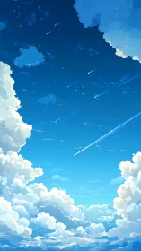 Vertical anime skyscape captures cumulus clouds and meteors