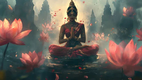 Serene lotus goddess meditating in a misty dream temple.