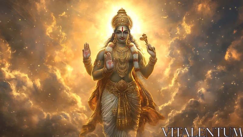 Radiant celestial deity stands serene in glowing golden clouds