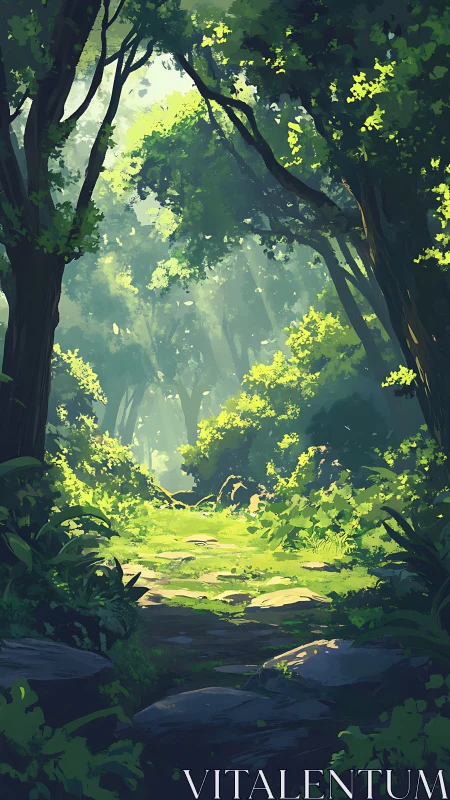 Sunlit Forest Path Through Ancient Trees and Glowing Foliage