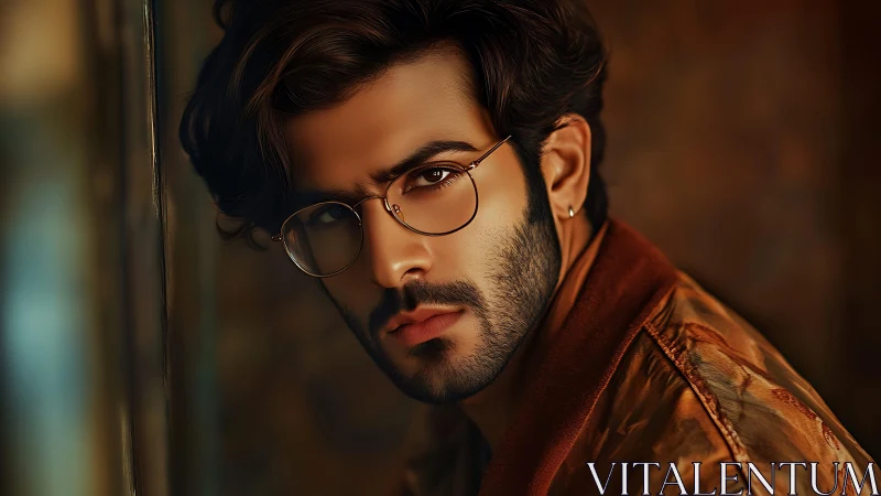 Pensive man with glasses gazes forward under warm studio light