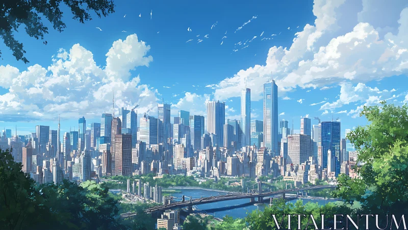 Dense modern city skyline extends above river under clouds