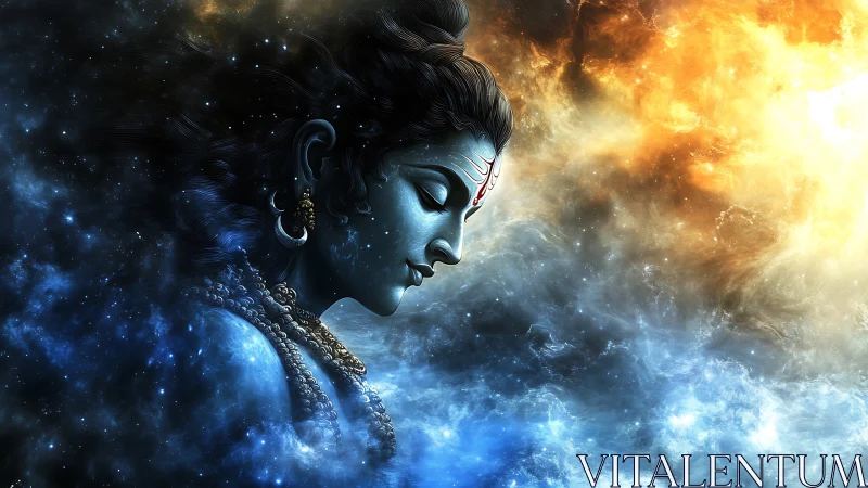 Cosmic blue deity profile divides darkness and radiant fire