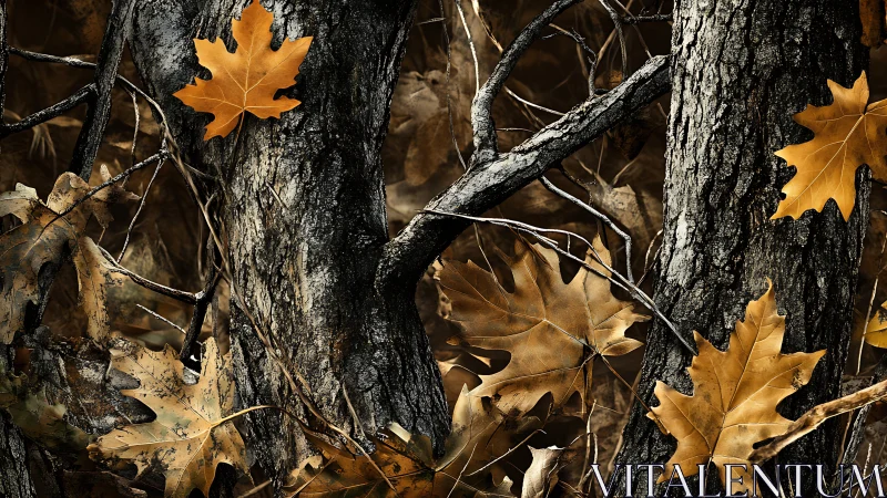 Golden autumn leaves rest gently against rugged tree bark