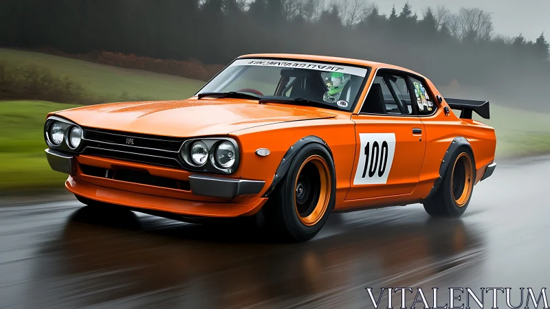 Photorealistic retro race car with dynamic motion blur rendering.