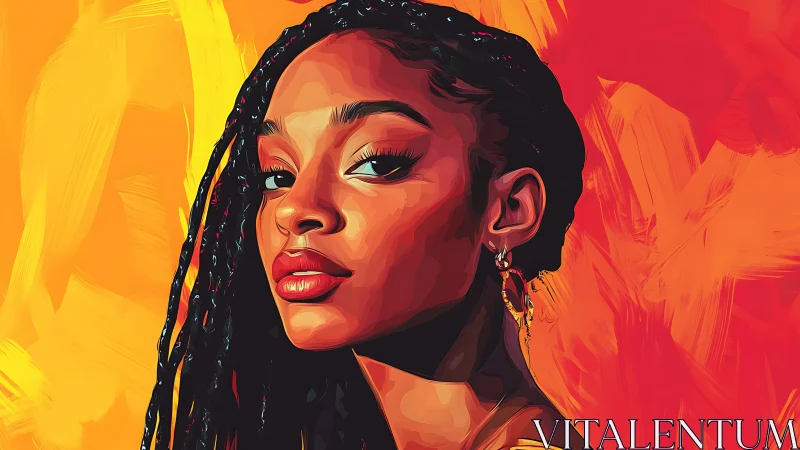 Radiant woman in bold orange and red digital portrait.