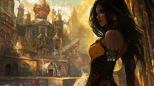 Warrior woman before sunlit brass domes in fantasy citadel