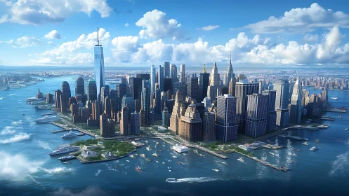 Sunlit coastal megacity skyline rendered in crisp detail.