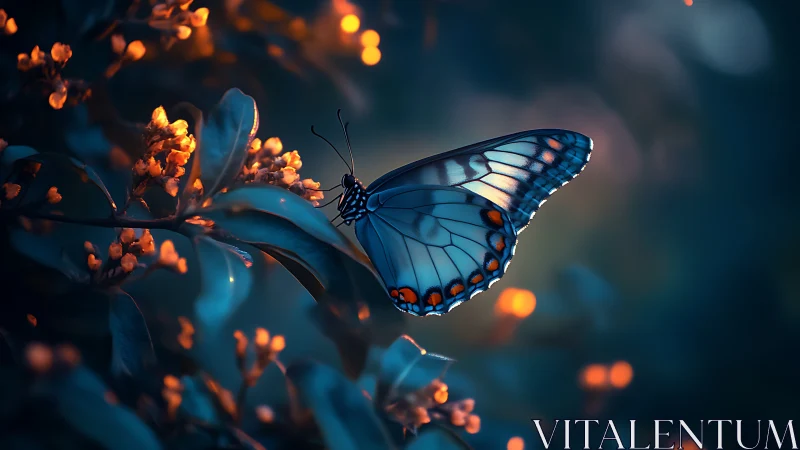 Butterfly on foliage under low light with warm highlights.
