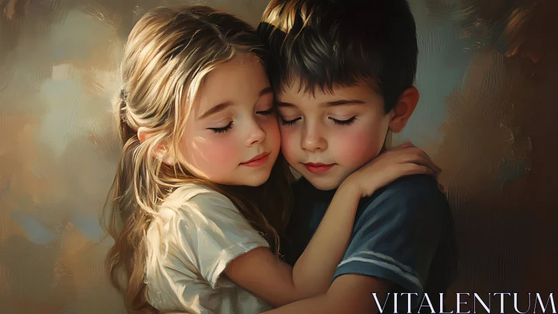 Two Children Share a Tender Embrace in Warm Light.