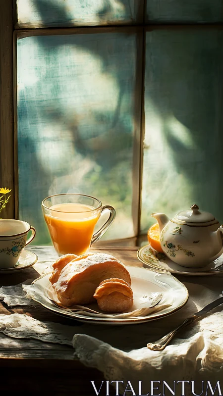 Sunlit rustic breakfast still life with croissants and tea