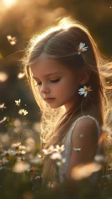 Young Girl in Sunlit Field with Daisy Flowers