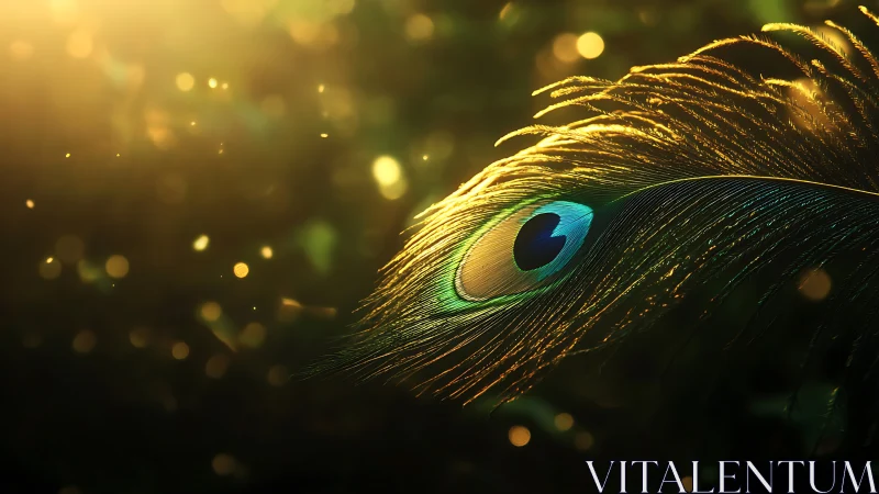 Iridescent peacock feather macro in golden bokeh light.