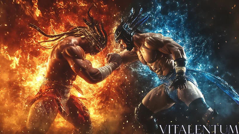 Elemental Warriors Clash: Fire and Ice Combat Rendering.