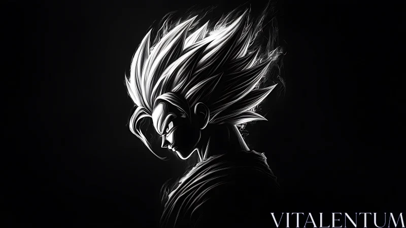 Monochrome spiky-haired anime warrior profile on black field