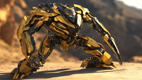 Yellow combat mecha crouched in desert landscape, ready.