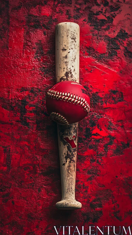 Weathered bat and red ball against gritty scarlet wall.