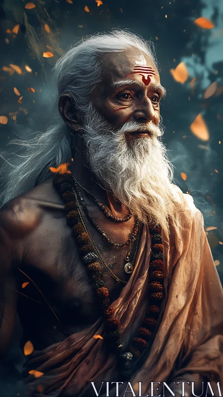 Elderly sage stands in glowing embers and sacred silence.