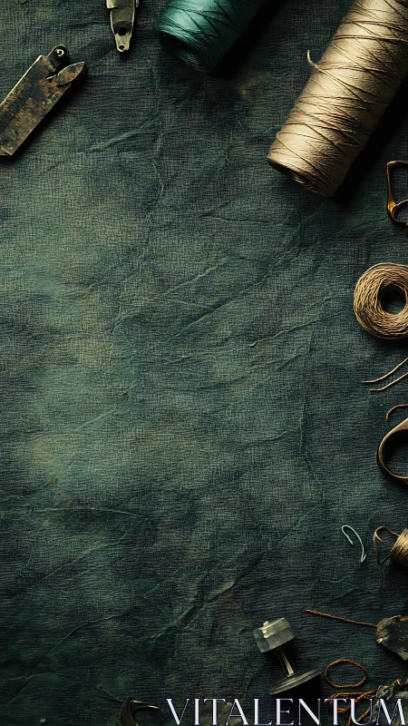 Tailor&rsquo;s tools rest on textured teal fabric workspace