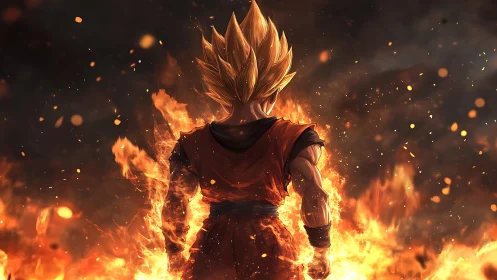 Fiery anime warrior stands amid eruptive backlit inferno glow