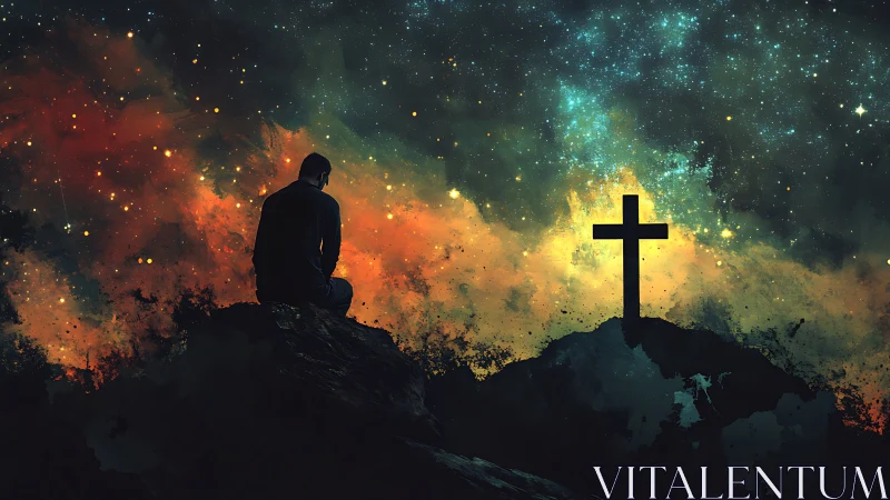 Solitary figure prays beside a cross under a glowing cosmos