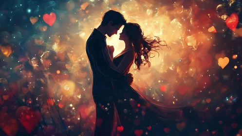 Silhouetted couple in close proximity surrounded by illuminated particles and heart shapes