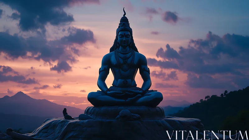 Monumental meditative deity statue at twilight mountain horizon