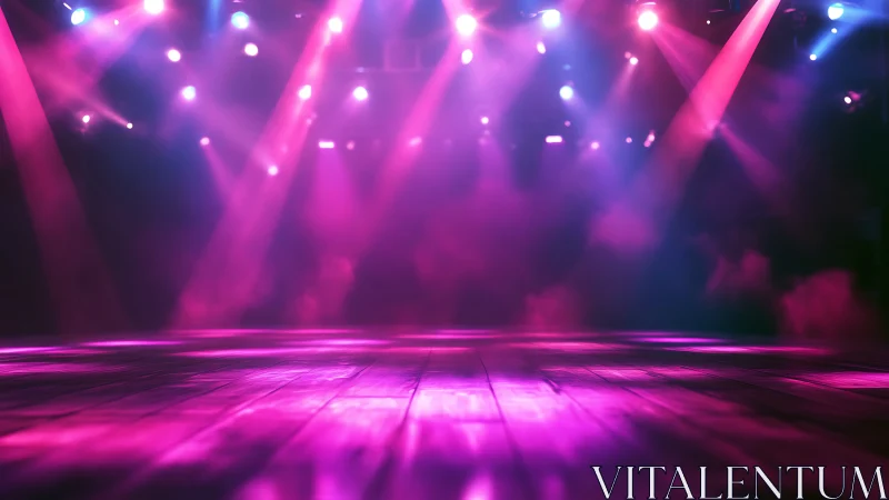 Vibrant stage lighting washes an empty wooden dance floor