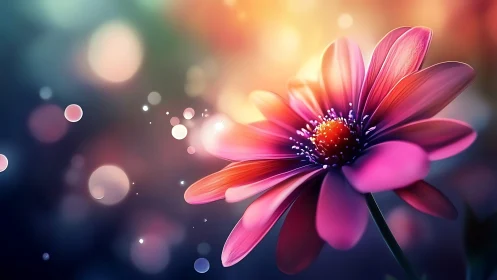 Pink Gerbera Daisy With Luminous Petals and Bokeh Light Effects.