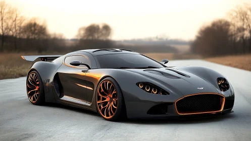 High-performance black sports car on empty rural road.