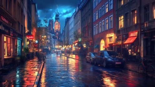 Glistening city street glows with neon lights after rainfall