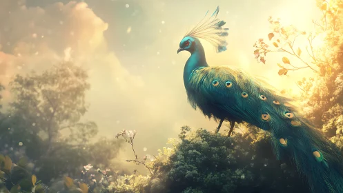 Digital rendering of stylized peacock in backlit garden scene.
