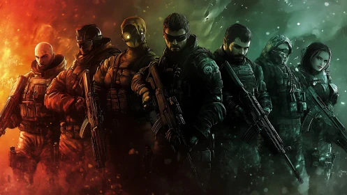 Armed tactical squad lineup against dual color backdrop.