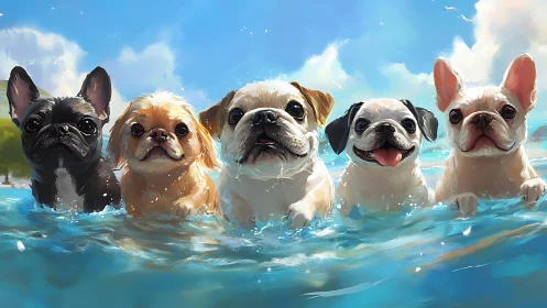 Sunny beach day with five joyful little swimming pups.