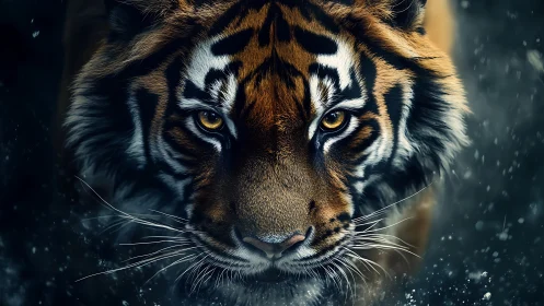 Close-up portrait of tiger with intense golden eyes.