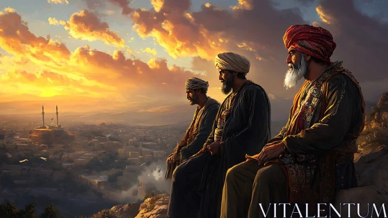 Sunlit council of elders overlooking ancient desert city.