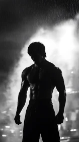 Silhouetted fighter stands tense in dramatic rainstorm.