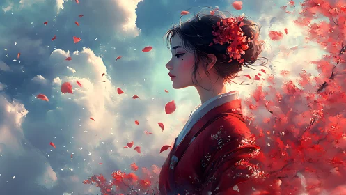 Profile portrait in crimson kimono amid drifting petals.