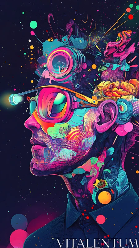 Neon cyber portrait of man with abstract tech gear.