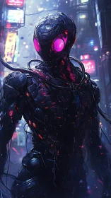 Neon-eyed cyber sentinel stalking the rain-lit megacity night.