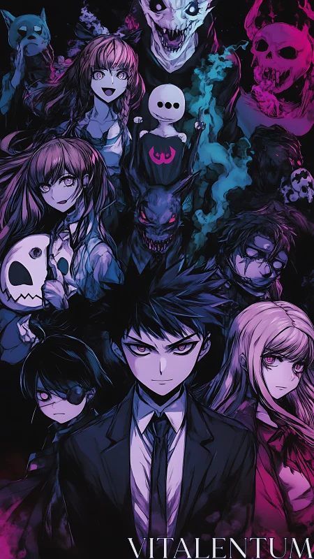 Dark anime ensemble with spectral monsters and neon haze.