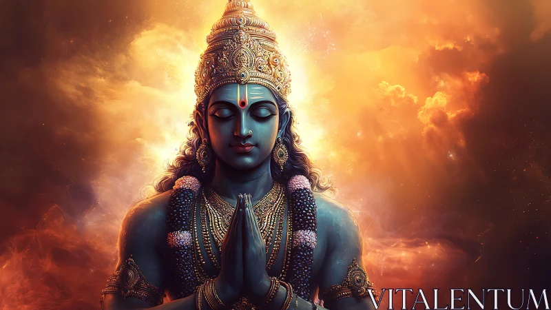 Divine blue deity prays in radiant cosmic firelight glow