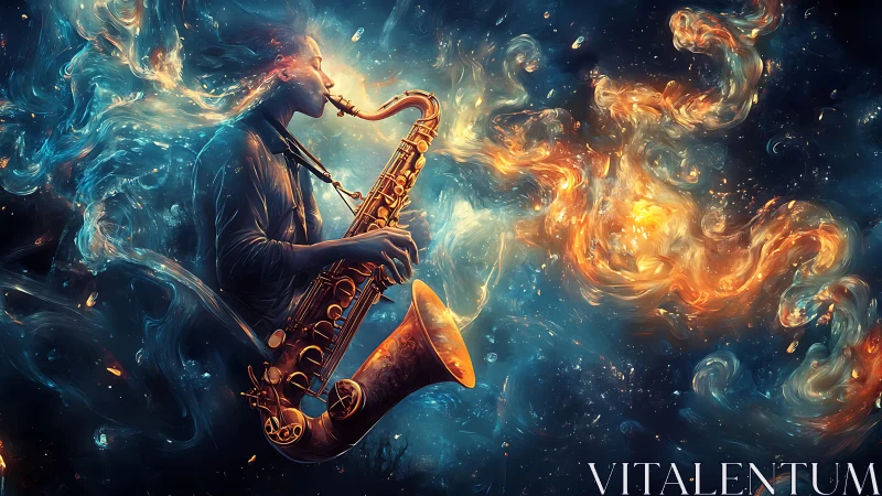 Cosmic saxophonist shapes swirling galaxies of sound and light.