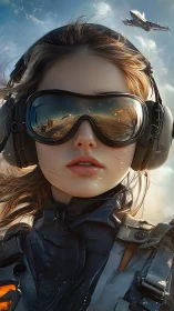 Skybound aviator girl with mirrored visor and roaring jet.