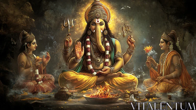 Digital painting of Ganesh with attendants in ritual symmetry.